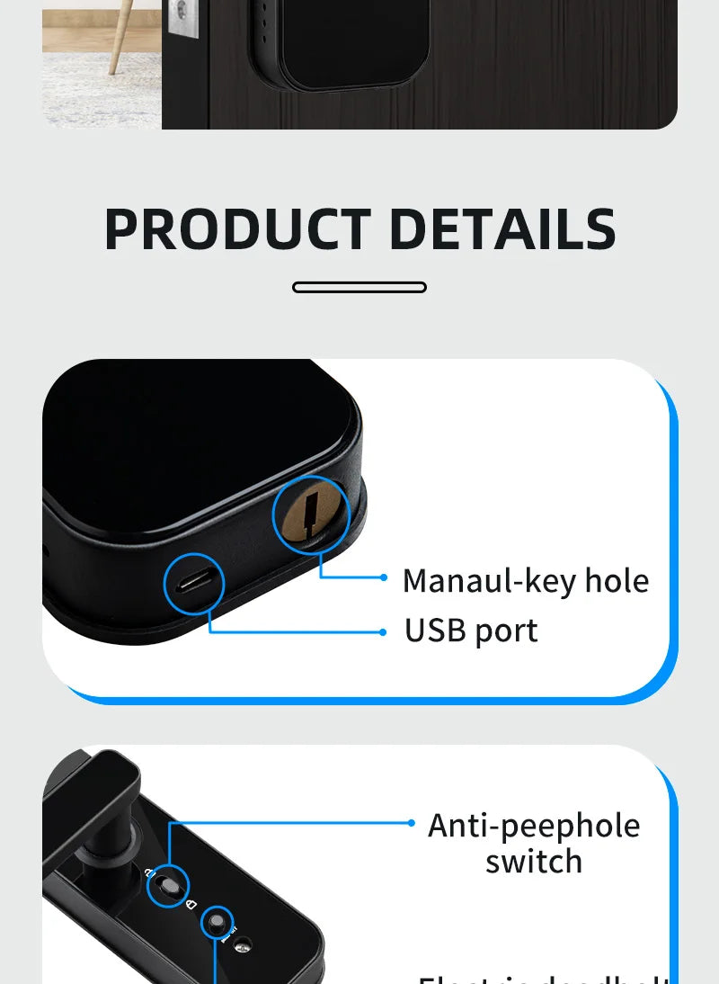 Tuya Smart Door Lock With Biometric Camera,Fingerprint,Smart Card andPassword Key Unlock - Suez Tech Port