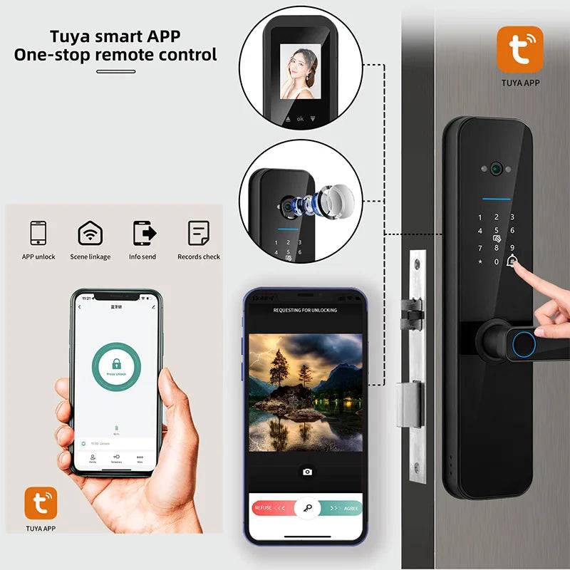 Tuya Smart Door Lock With Biometric Camera,Fingerprint,Smart Card andPassword Key Unlock - Suez Tech Port